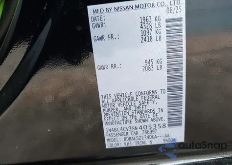 2025 Nissan Altima Sr Fwd z USA, uszkodzony, nr VIN 1N4BL4CV3SN405358